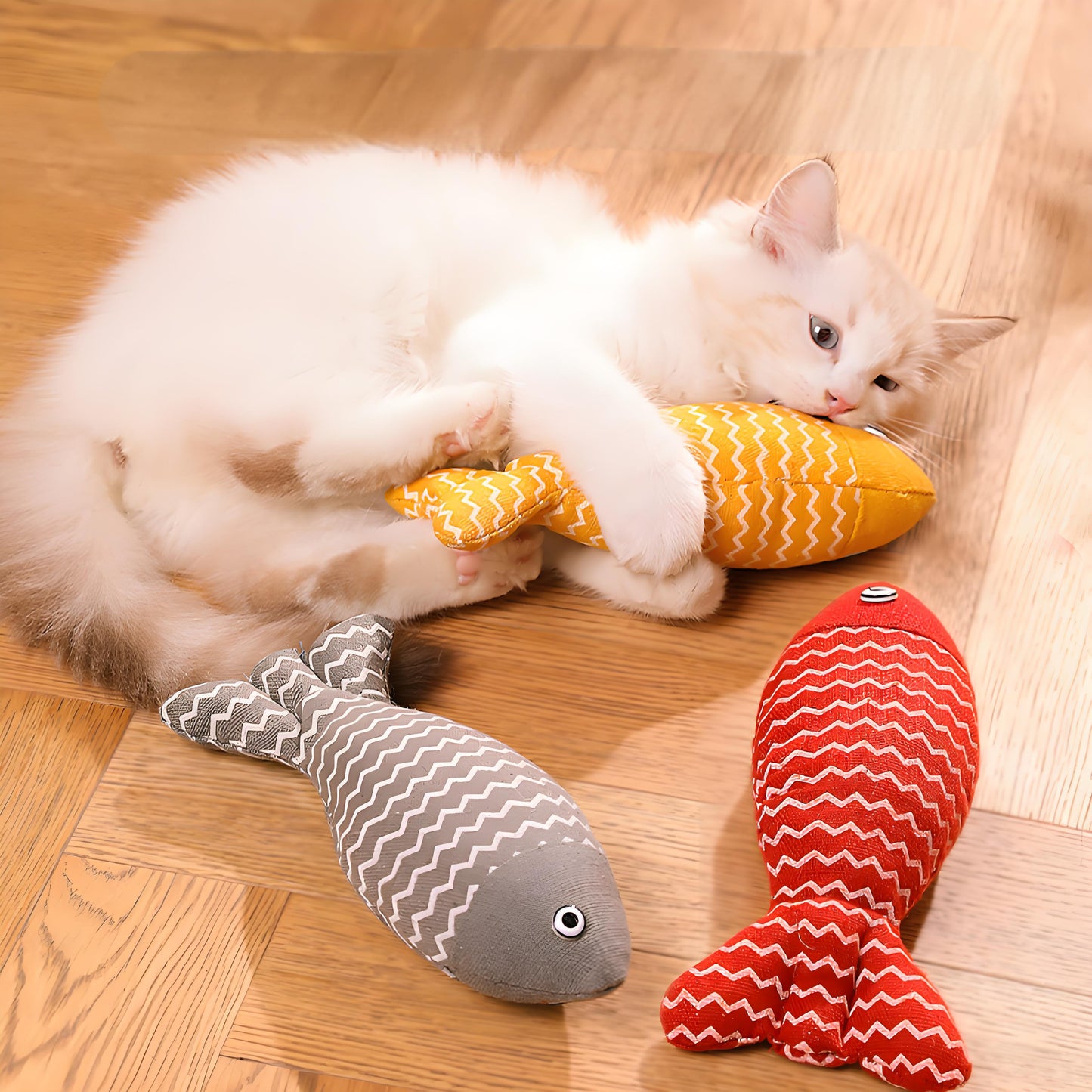 Olanty 2 Pcs Fun and Durable Catnip Maximum Fish Toys Interactive Exercise Toys for Indoor Cats 15 Inches Yellow&Red