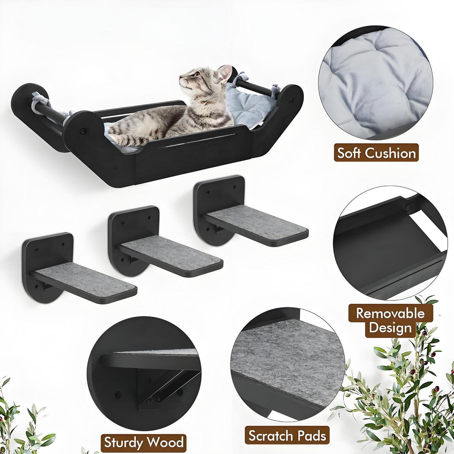 Olanty Cat Wall Shelves with 3 Steps - Wall Mounted Cat Tree Set Climbing, Playing and Sleeping