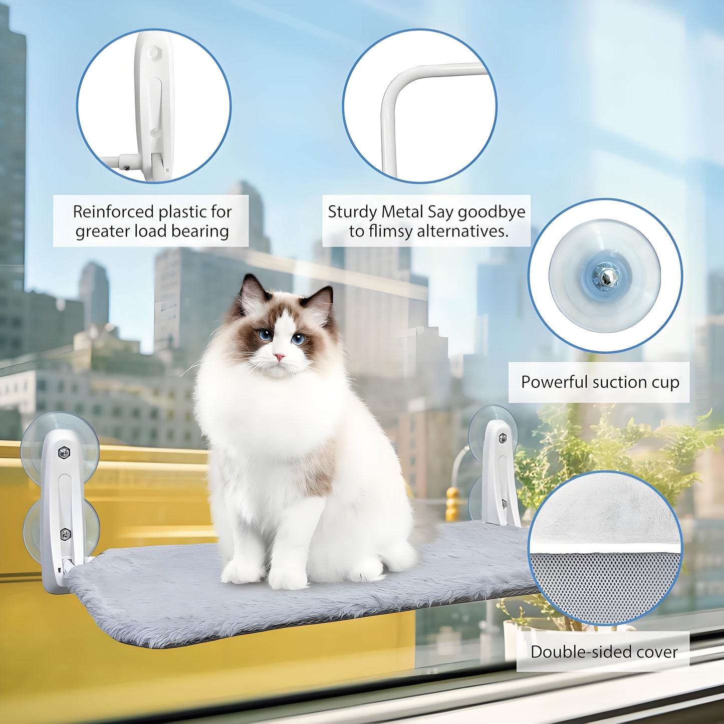 Olanty Cat Window Perch Cordless Foldable Cat Hammock for Wall with 4 Suction Cups