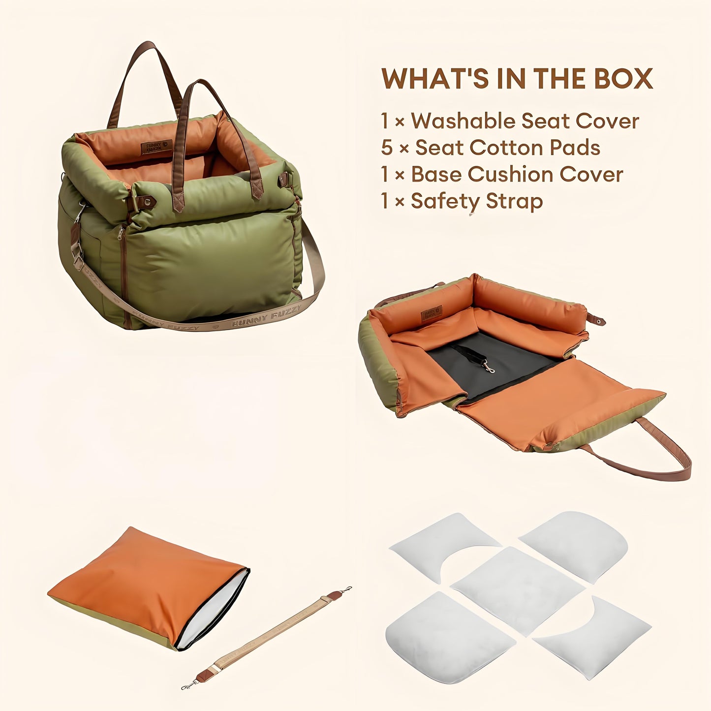 Olanty Portable Dog Car Safety Seat for Dogs, Waterproof 3 in 1 Soft Leather Dog Car Bed for Travel Carrying Bag with Non-Slip Base